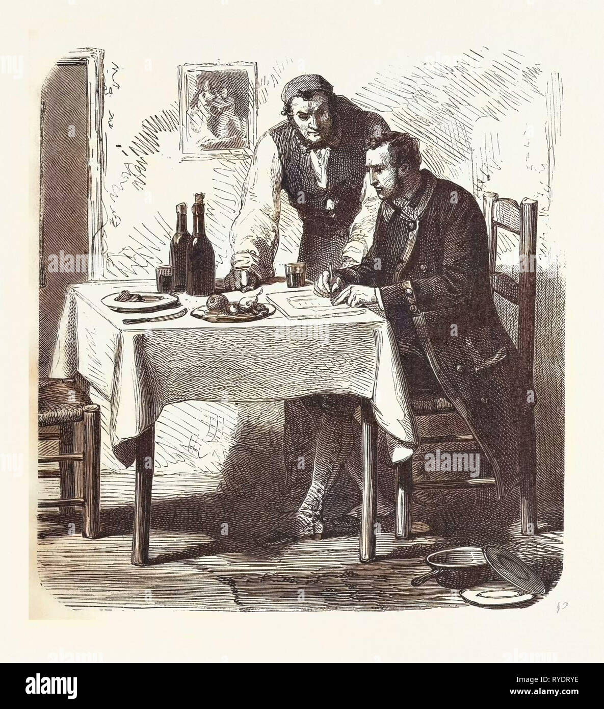 Caderousse, il conteggio del Monte Christo Alexandre Dumas, 1844, romanzo storico, Avventura narrativa, Romance romanzo, Fiction, vino, bottiglia, bottiglie, Winebottle, Wineglass, alcool, alcolico, Liszt Archivio Gourmet, secolo XIX, Uomo, uomini, tabella, frutta e cibo Foto Stock