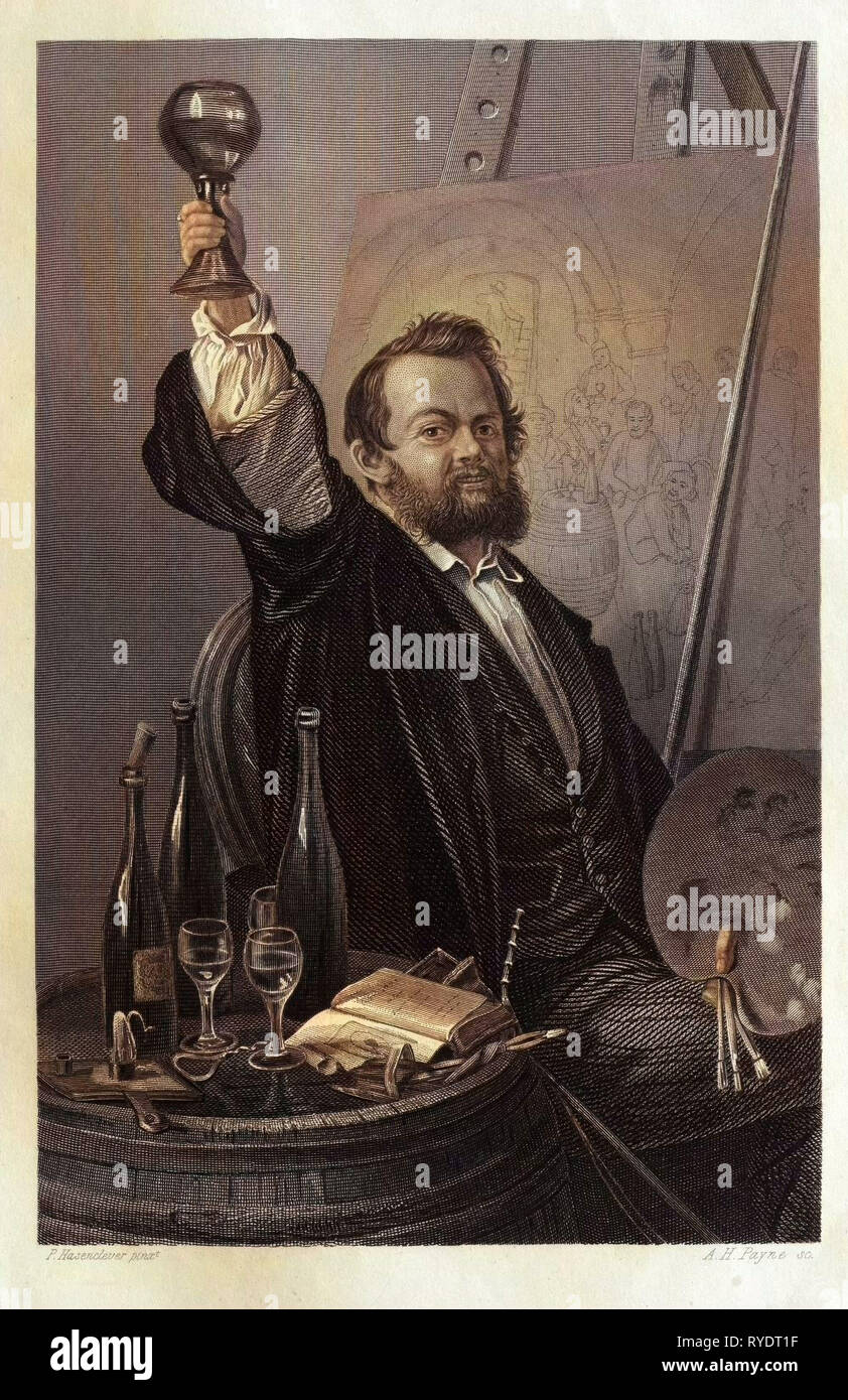 Ritratto del pittore Pietro Hasenclever, 1810-53, tedesco, noto soprattutto per il suo genere soggetti, cibo e bevande. Vetro, Roemer, pittore, Palette, pittura, tabella, Prenota, bicchieri, Wineglasses, Winebottles, Winebottle, Candela, barba, sughero, bere alcool, caucasica, felicità, Felice, uomo, maschio, del XIX secolo il vino, Liszt Archivio Gourmet Foto Stock