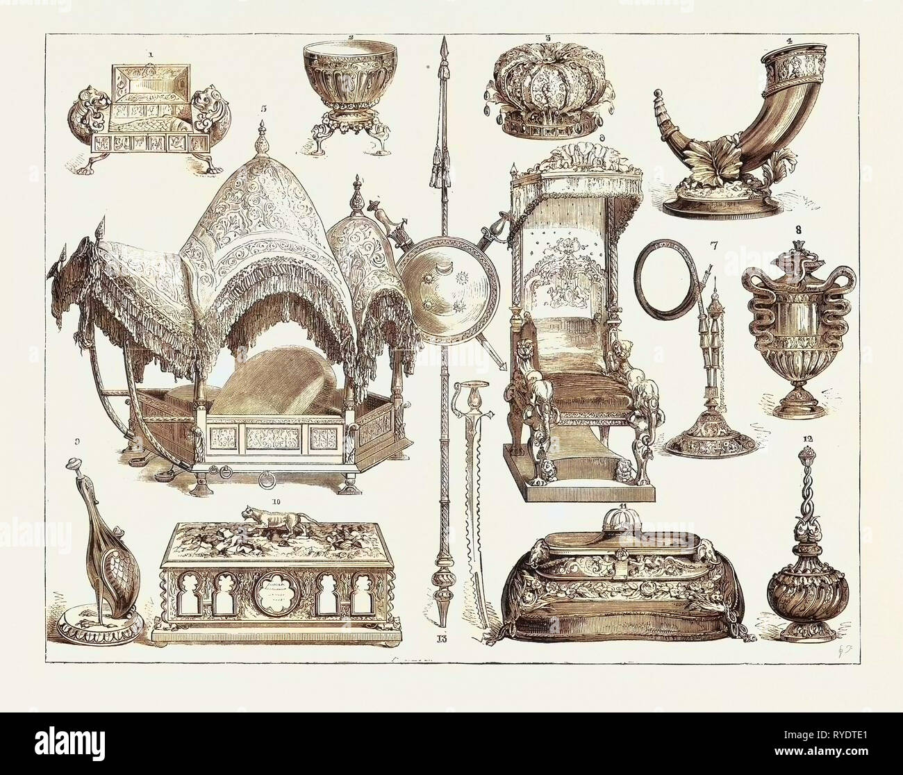 Il Principe di Galles gioielli indiani a South Kensington, Londra, sedia, intagliato.(Madura). 7.-Hookah un intarsio di argento (Lucknow). 8 - Vaso placcato (Nahun). 9.--Gulab-Dan, sotto forma di un uccello, argento dorato (Tonk). Zo.-scrigno di indirizzo (Madras), incisione 1876 Foto Stock