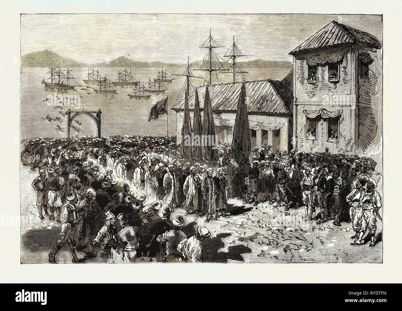 La guerra in Oriente, lo sbarco di una banda di Softas a Salonicco, En Route per Servia, Serbia, incisione 1876 Foto Stock
