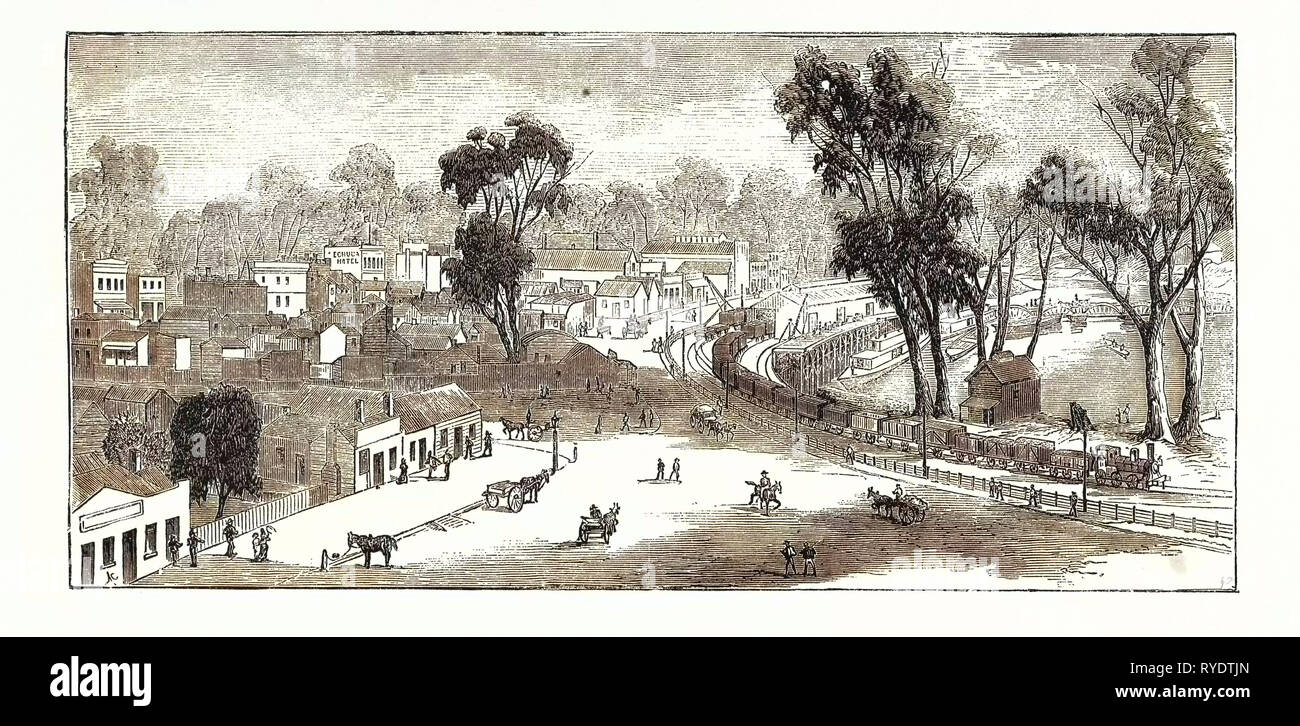 Apertura del Deniliquin e Echuca Ferrovia: Echuca, Sud Australia, incisione 1876 Foto Stock