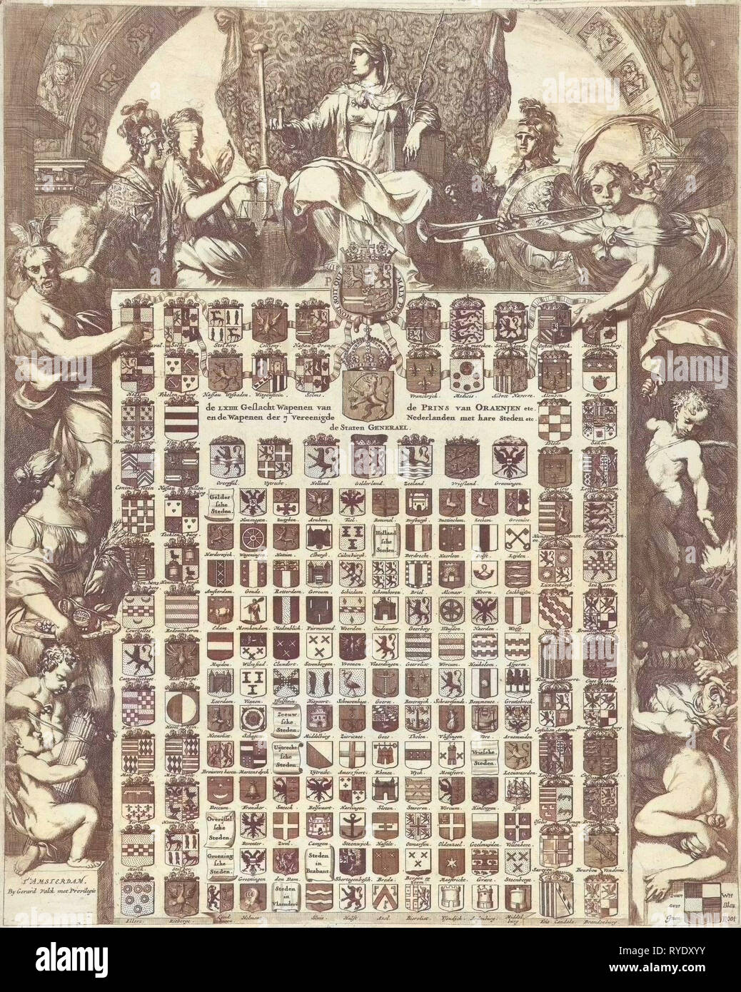 Bracci di genere del principe Guglielmo III in un telaio allegorico, Gerard de Lairesse, Johannes Jacobsz van den Aveele, Gerard Valck, 1672 Foto Stock