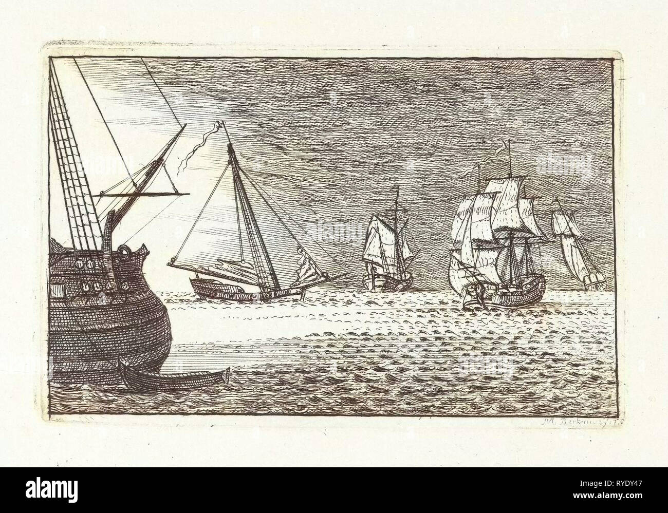 Seascape con threemaster, Mathäus Berkman, 1770 Foto Stock