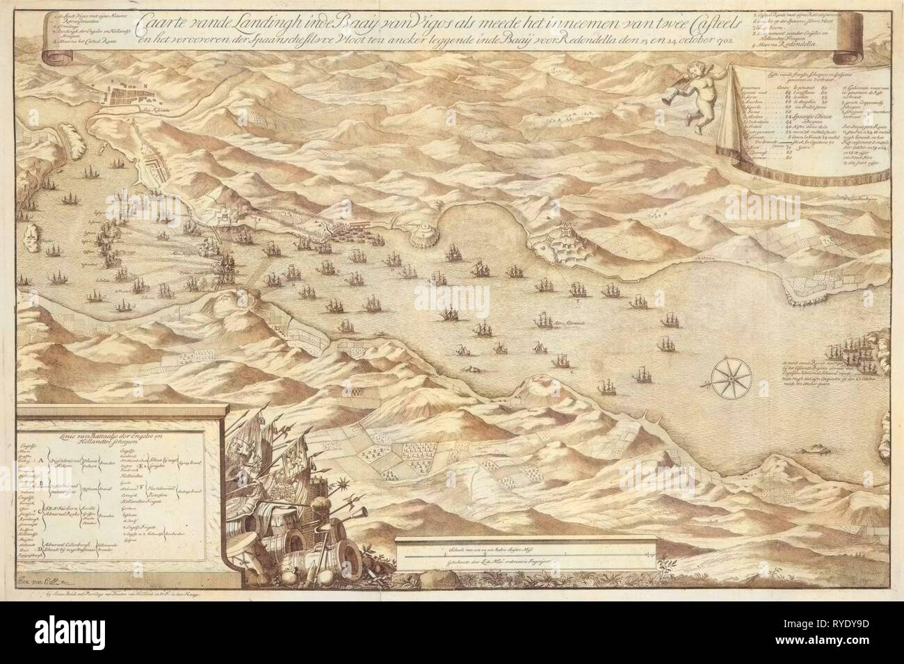 Mappa della Battaglia di Vigo, Ottobre 23, 1702, Jan van chiamata (MI), L. du Meé, Anna Beeck, 1702 Foto Stock