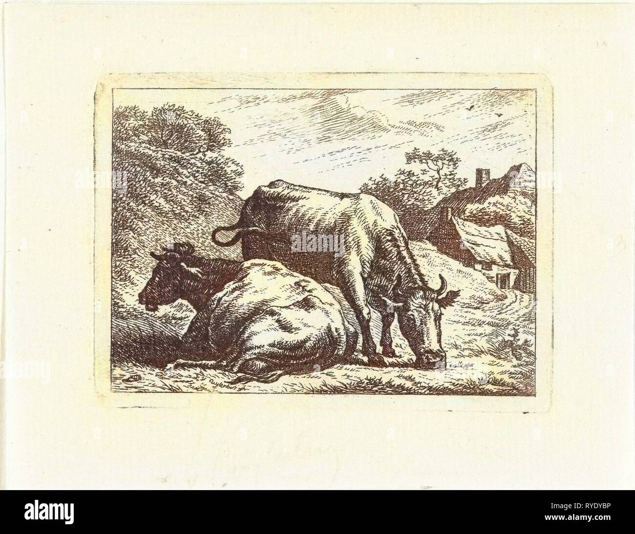 Due mucche lungo la strada presso l'azienda, Johannes van Cuylenburgh, 1803-1841 Foto Stock