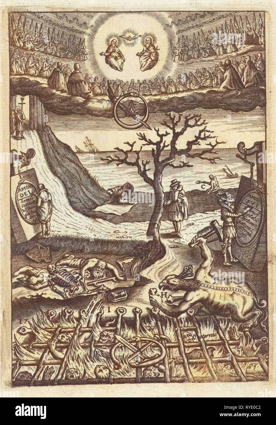 Un uomo ha dei dubbi circa il suo comportamento in corrispondenza di una giunzione di due strade, uno stile di vita in virtù conduce all'eternità e gli altri lontano da una vita di peccato che conduce all'inferno, Boëtius Adamsz. Bolswert, risalente 1590 - 1623 e/o 1623 Foto Stock