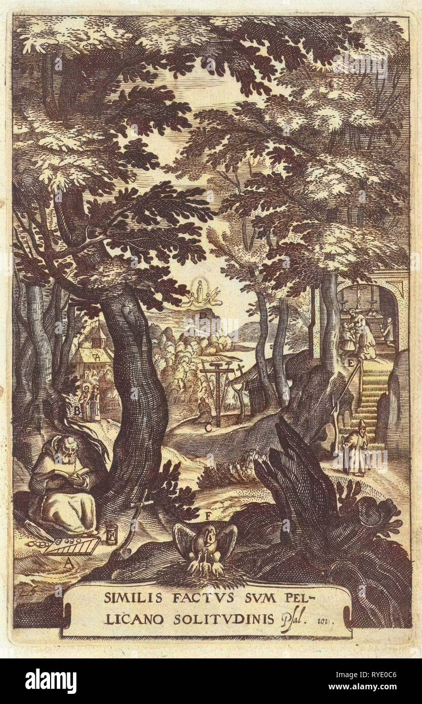 Emblema con eremita e i credenti che si dedicano alla meditazione, Boëtius Adamsz. Bolswert, anonimo, Hendrik Aertssens, 1620 - 1623 Foto Stock