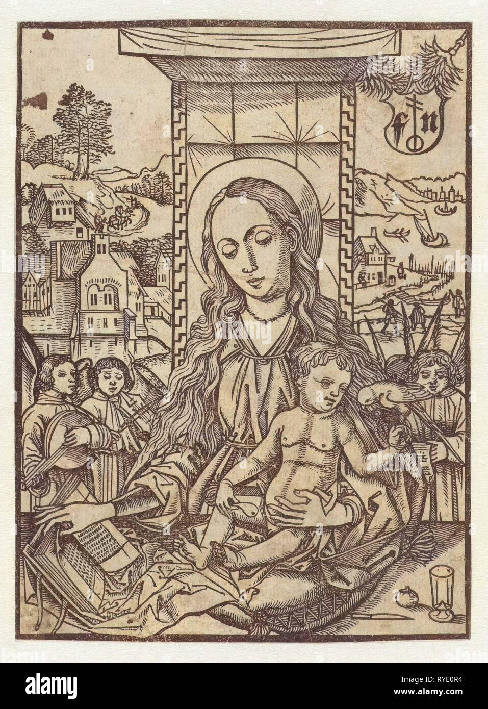 Maria con Bambino e parrot, stampa maker: Monogrammist FN, Martin Schongauer, 1490 - 1500 Foto Stock