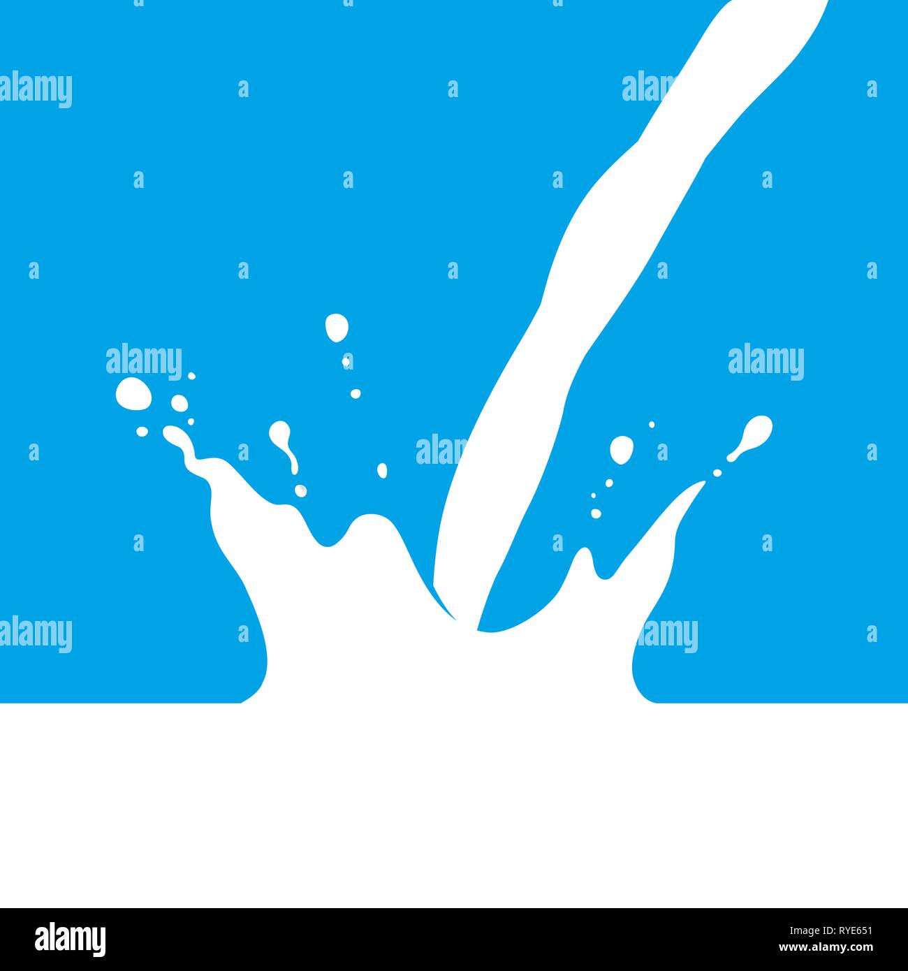 Vacche, pecore, capre, soia, riso, avena, canapa o di latte di cocco splash con pour, semplice piatto grafico illustrazione vettoriale, isolato su sfondo blu Illustrazione Vettoriale