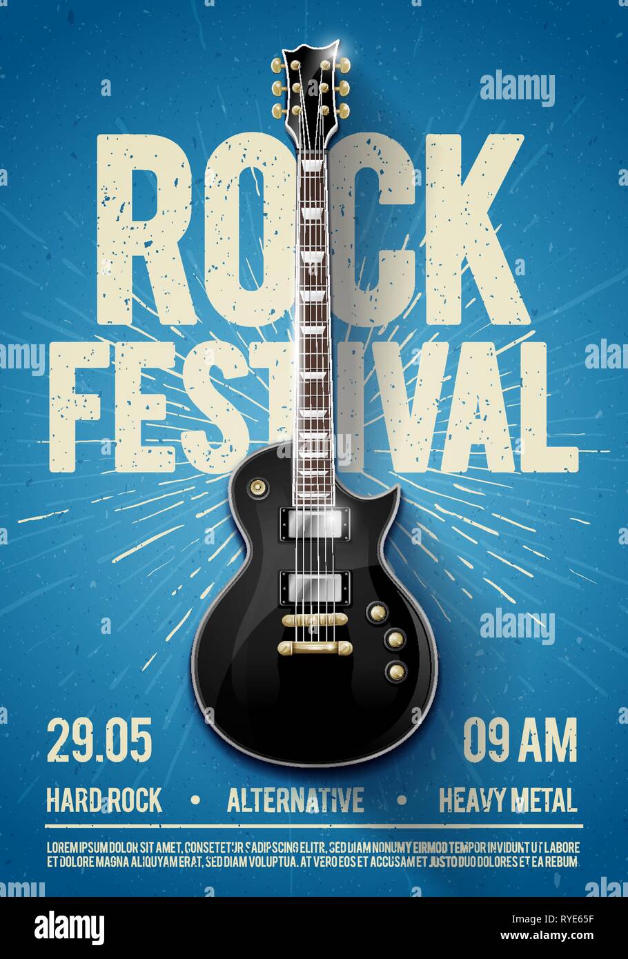 Illustrazione Vettoriale rock festival concerto party opuscolo o poster modello di progettazione con la chitarra, il posto per il testo e per i fantastici effetti in background Illustrazione Vettoriale