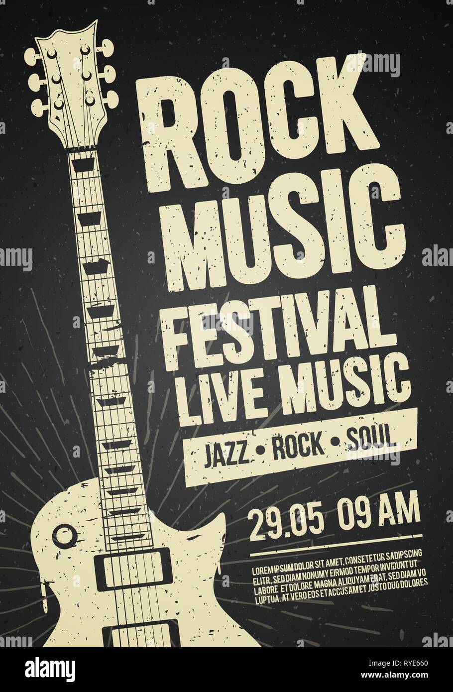 Illustrazione Vettoriale poster flyer design template per Rock Jazz festival musica dal vivo evento con la chitarra in stile retrò su sfondo rosso Illustrazione Vettoriale