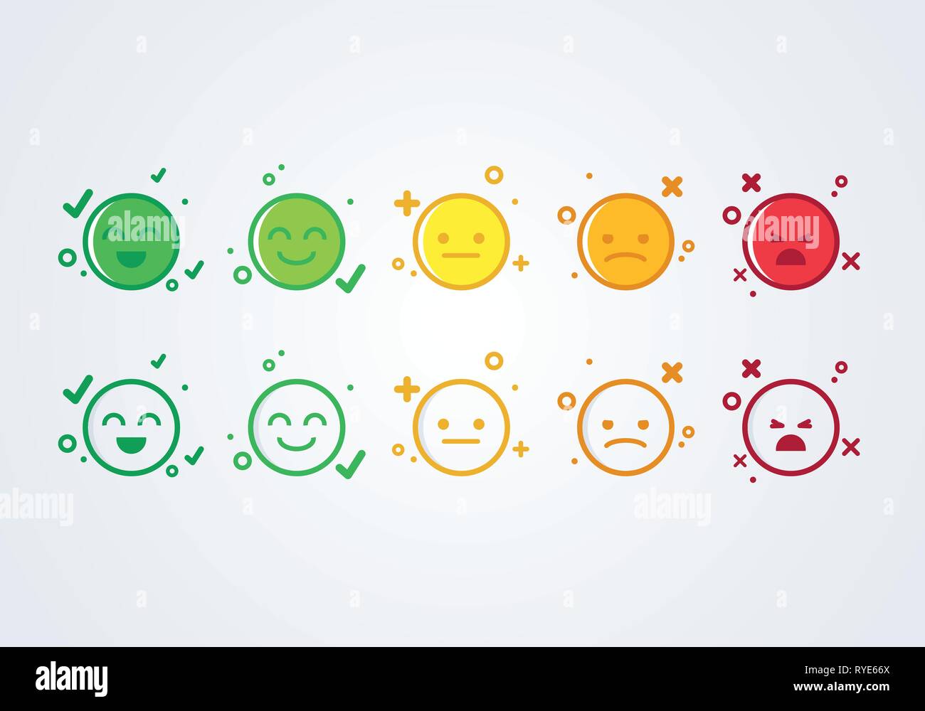 Illustrazione Vettoriale esperienza utente il concetto di feedback diversi mood smiley emoticon icona emoji positivo, neutro e negativo. Illustrazione Vettoriale