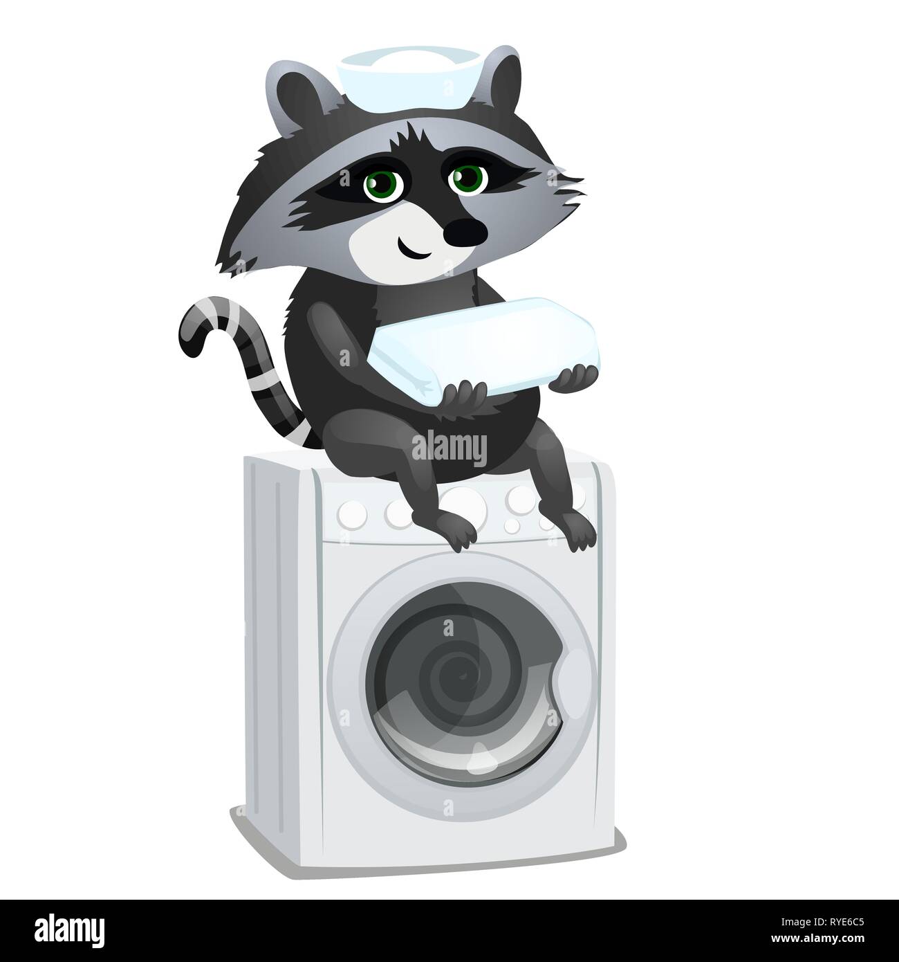Raccoon cameriera seduto sulla macchina di lavaggio isolata su sfondo bianco. Vector cartoon close-up illustrazione. Illustrazione Vettoriale