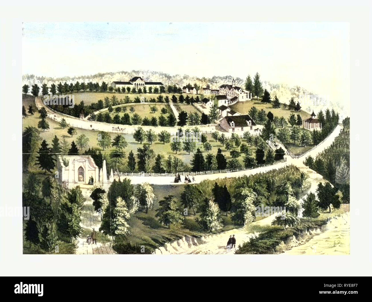 Vista Panoramica di George Washington Mount Vernon Estate, con casa in alto a destra e tomba in basso a sinistra, Fiume Potomac è visibile in basso a destra Foto Stock