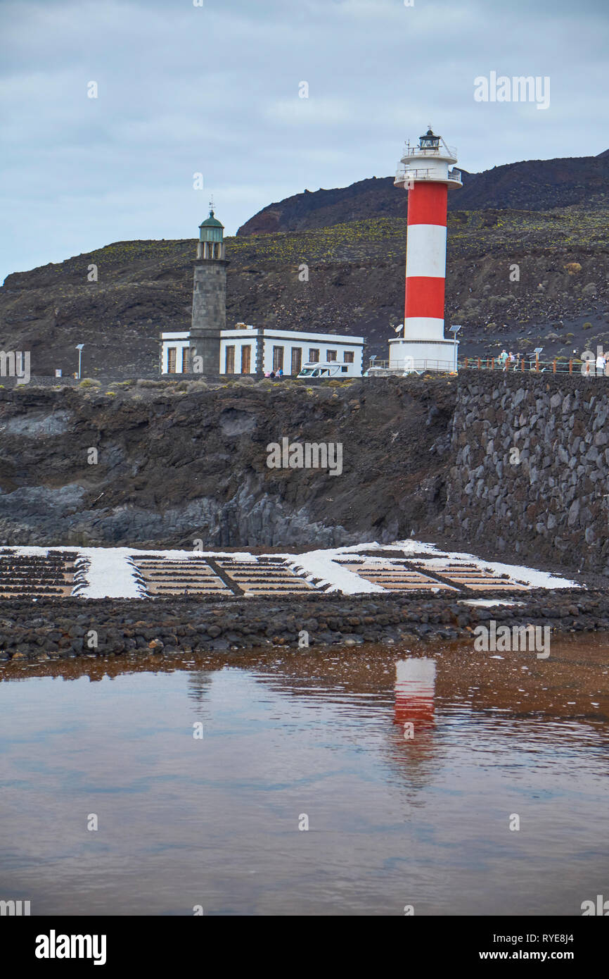 Faro de Fuencaliente, saline,La Palma, punta meridionale, Isole Canarie,l'Europa Foto Stock