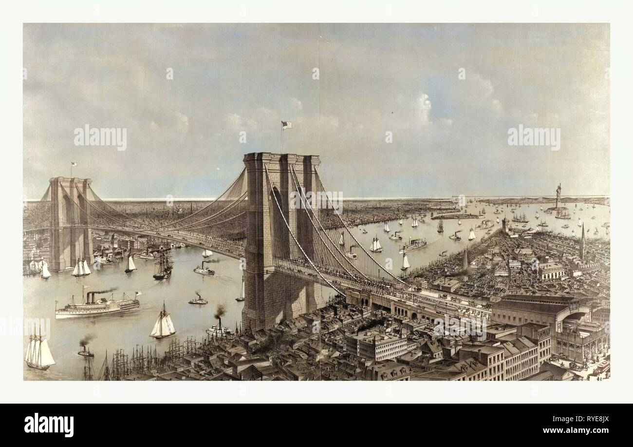 Grand Birds Eye View del grande oriente fiume sospensione ponte che collega la città di New York e a Brooklyn, mostra anche lo splendido panorama della baia e il porto di New York, circa 1885, noi, Stati Uniti d'America, America Foto Stock