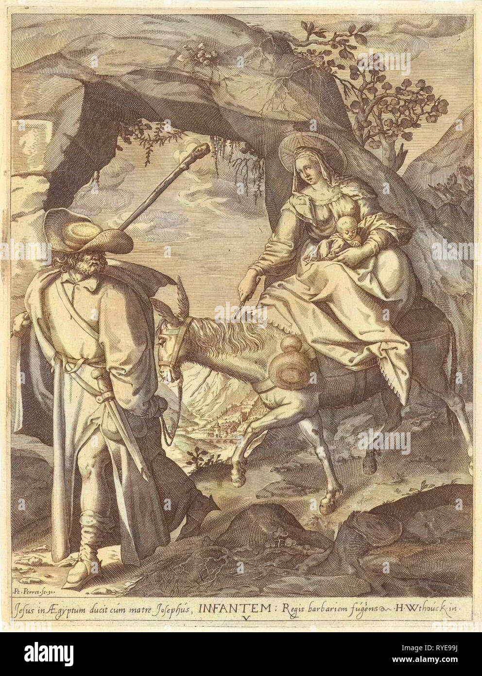 Fuga in Egitto, Pieter Perret, 1591 Foto Stock