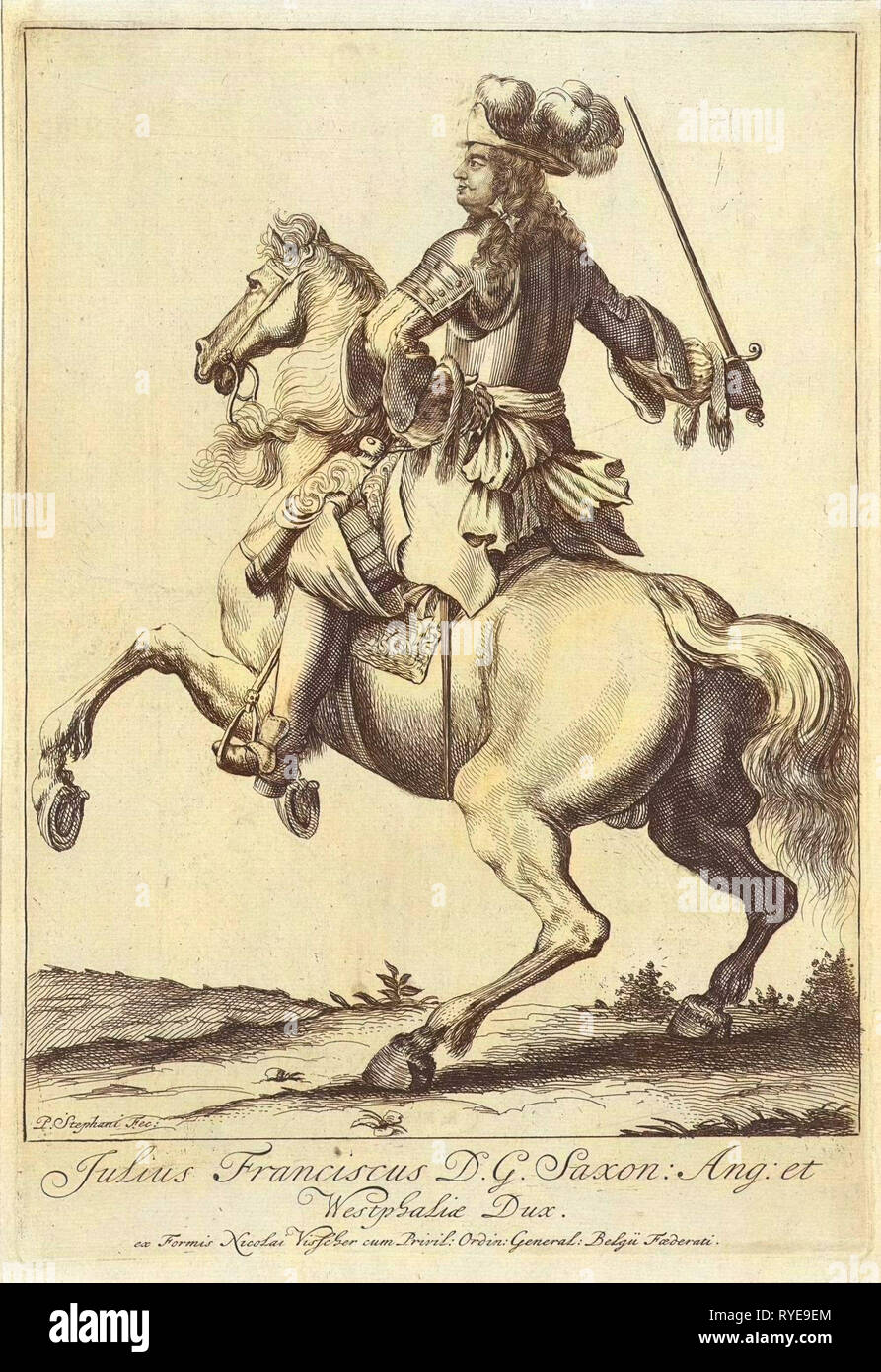 Ritratto equestre di Giulio Francesco, duca di Sax-Lauenburg, Pieter Stevens (vermeld in 1689), Nicolaes Visscher (MI), Nicolaes Visscher (II), 1666 - 1702 Foto Stock