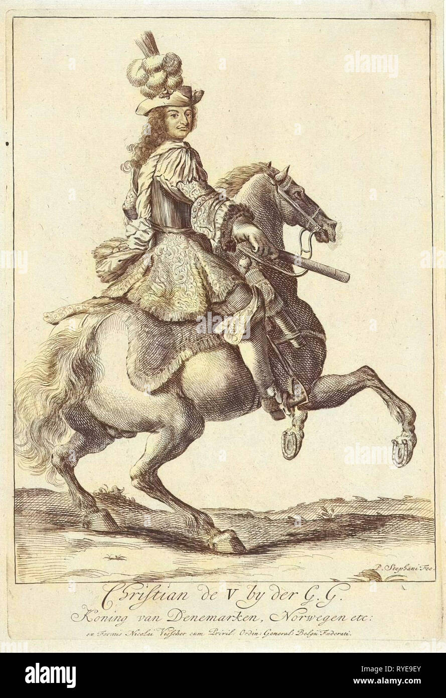 Ritratto equestre del re Cristiano V di Danimarca e Norvegia, Pieter Stevens (vermeld in 1689), Nicolaes Visscher (MI), Nicolaes Visscher (II), 1670 - 1699 Foto Stock