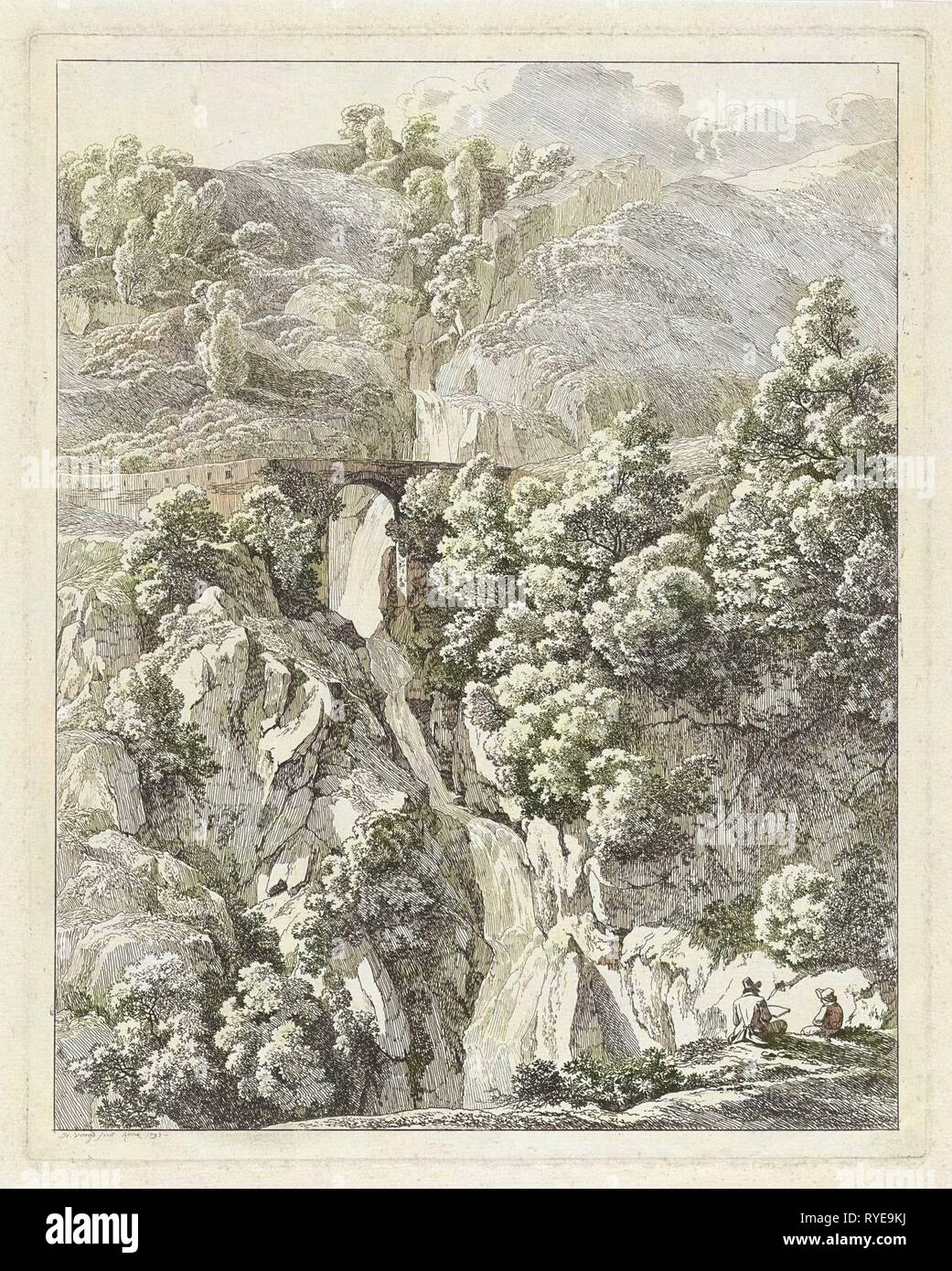 Paesaggio roccioso con una cascata, Hendrik Voogd, 1793 Foto Stock