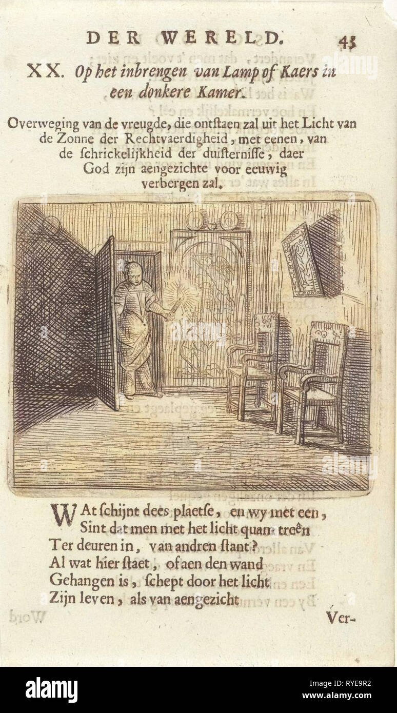Donna con candela in una stanza buia, Arnold Houbraken, 1682 Foto Stock