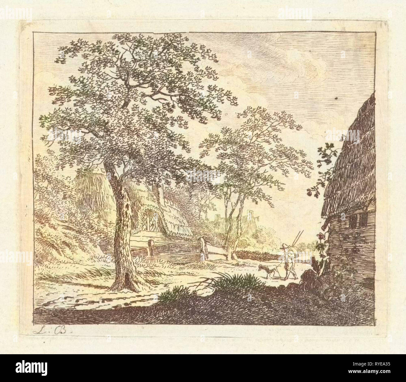 Paesaggio con walker con il cane, Leendert Overbeek, c. 1775 - c. 1795 Foto Stock