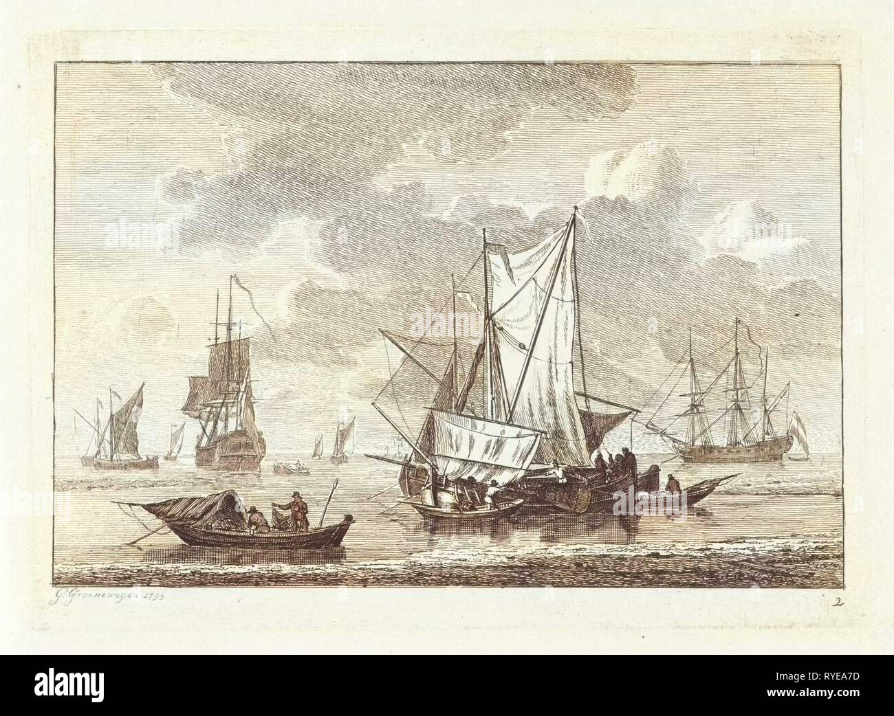 Seascape con diverse navi, Gerrit Groenewegen, 1795 Foto Stock