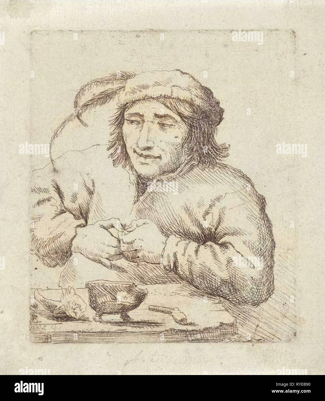 Un uomo che indossa un cappello con le piume si siede a un tavolo di fronte a lui il tabacco e un tubo, stampa maker: Anonimo, risalente 1622 - 1688 Foto Stock