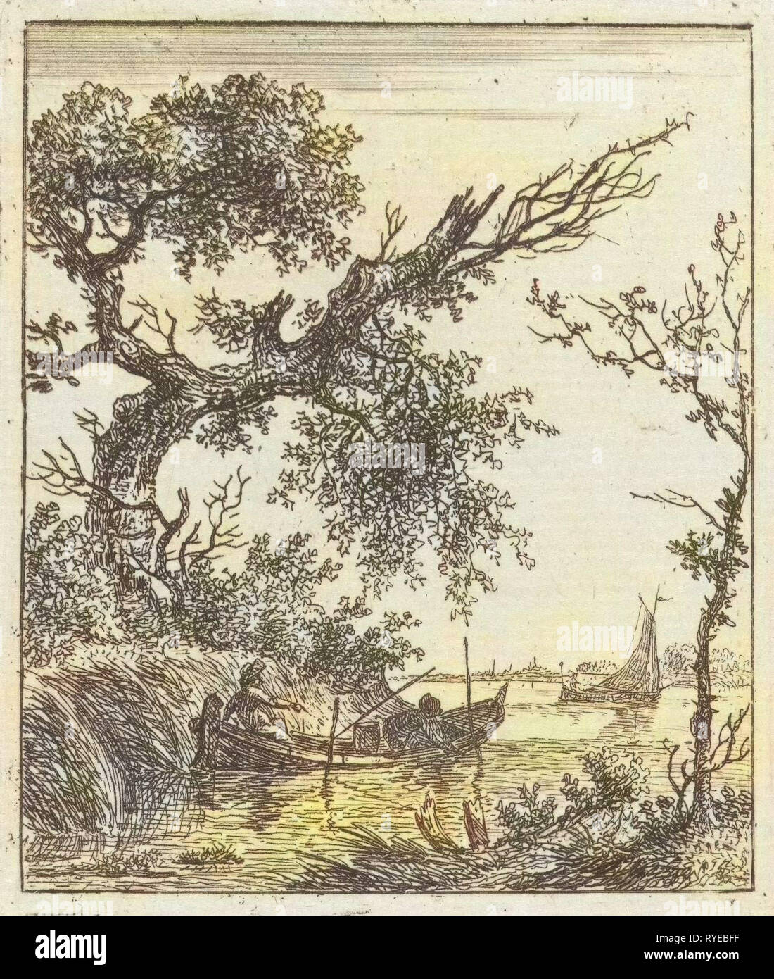 Una vista su di un grande albero a sbalzo e una barca a remi in cui due uomini sit, sullo sfondo di una nave a vela, stampa maker: Hermanus Fock, risalente 1781 - 1822 Foto Stock