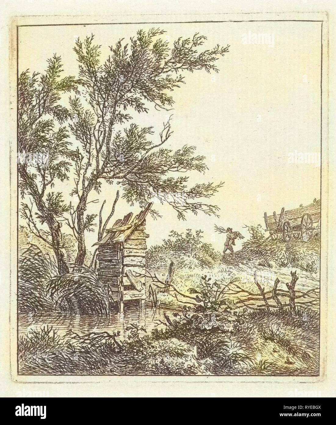 Un paesaggio con una costruzione in legno sotto un albero in acqua, lo sfondo porta un uomo morto legno a un carrello, stampa maker: Hermanus Fock, risalente 1781 - 1822 Foto Stock