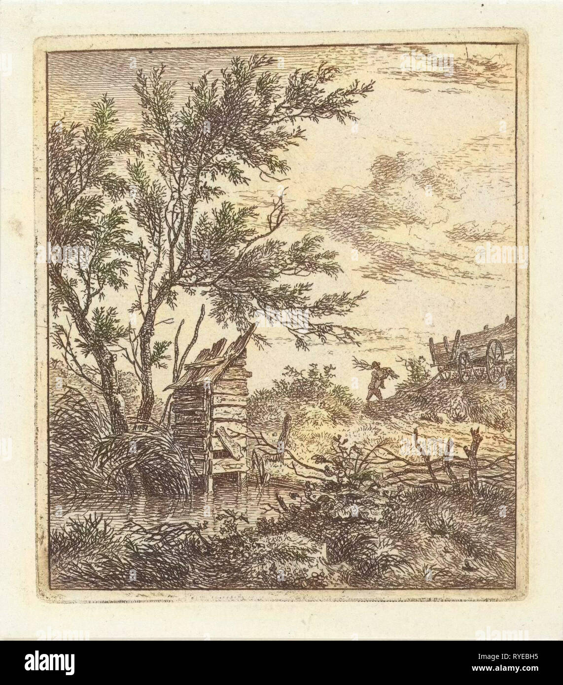 Un paesaggio con una costruzione in legno sotto un albero in acqua, lo sfondo porta un uomo morto legno a un carrello, stampa maker: Hermanus Fock, risalente 1781 - 1822 Foto Stock