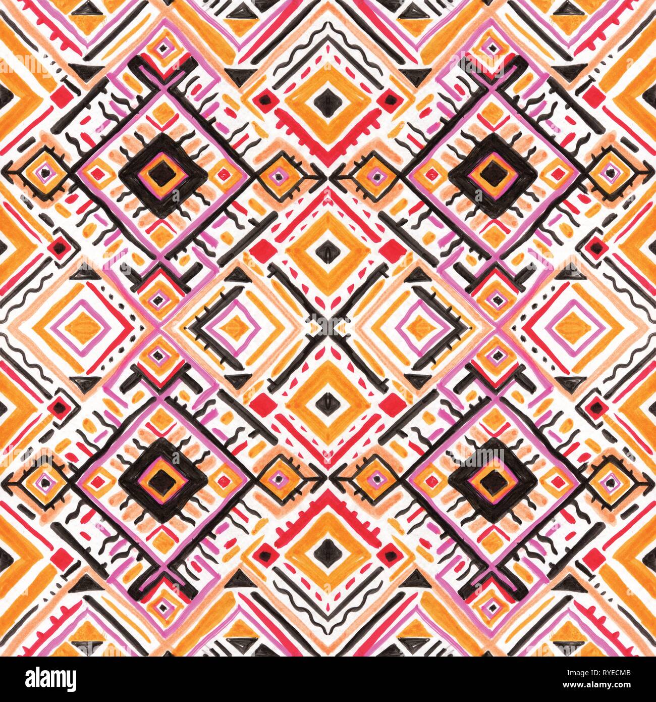 Ornamento ikat mostrando. Tribal design con la Chevron ornamenti. Seamless pattern in stile azteco. Disegnato a mano modello di folklore Illustrazione Vettoriale