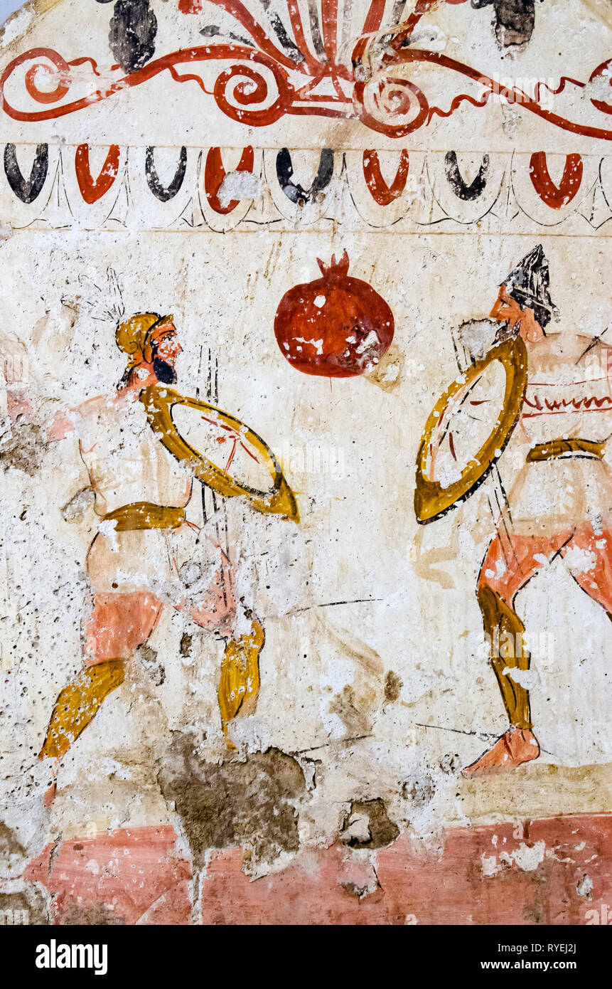 Paestum, antichi affreschi nella tomba di guerrieri in lotta Foto Stock