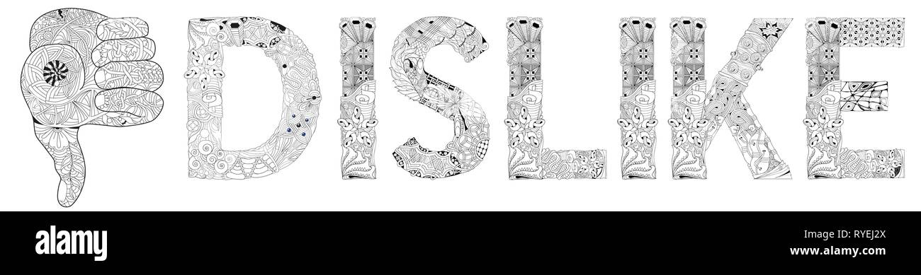 Zentangle mano stilizzata Thumbs up colore linea icona con parola antipatia per la colorazione. Disegnata a mano in pizzo illustrazione vettoriale Illustrazione Vettoriale