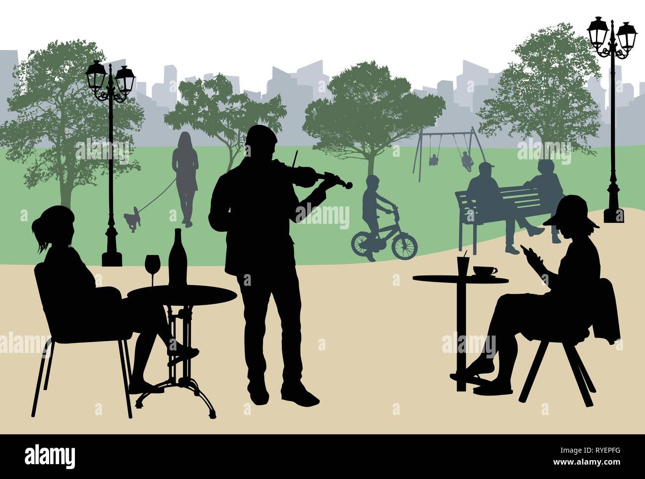 Il violinista eseguire su un street cafe vicino parco cittadino, illustrazione vettoriale Illustrazione Vettoriale