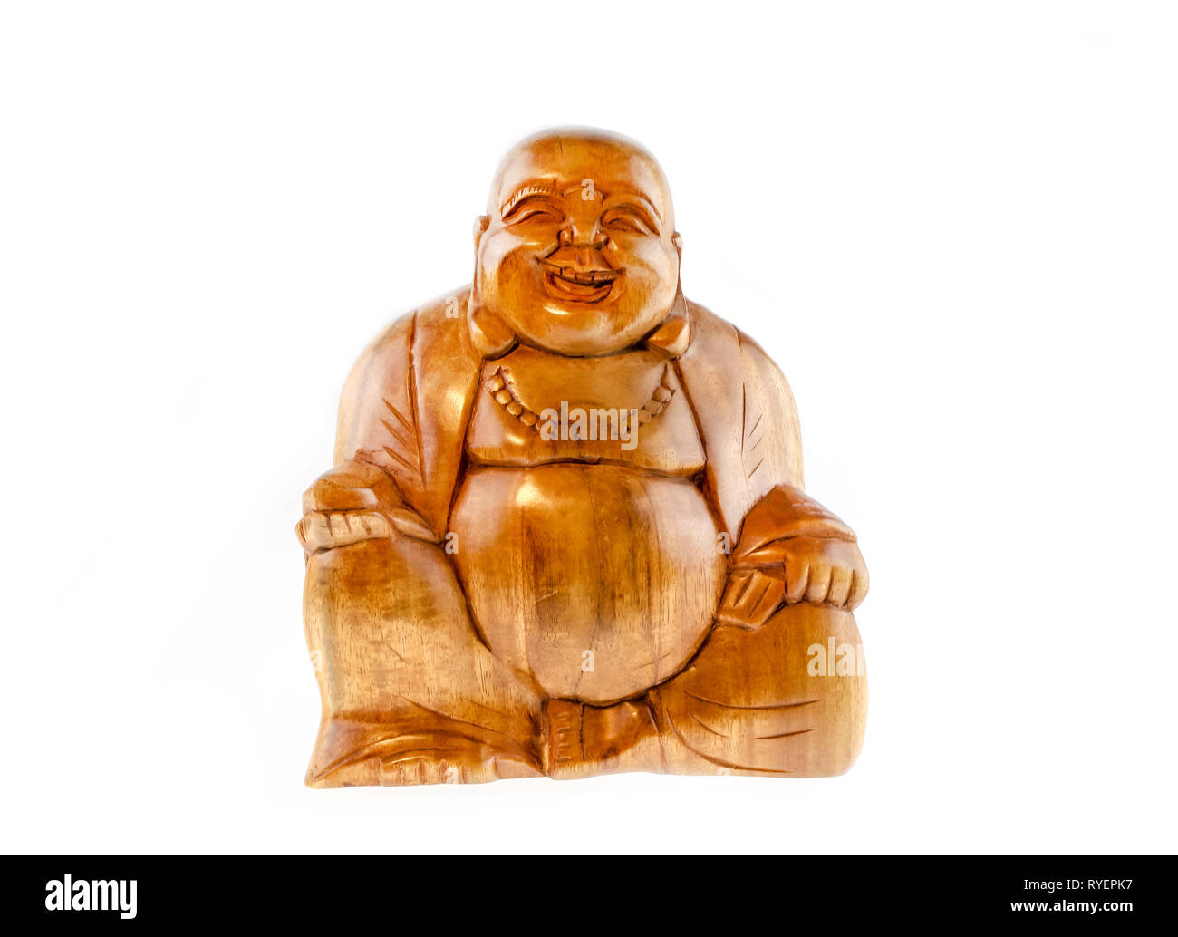 In legno statua del Buddha Sorridente isolato su bianco Foto Stock