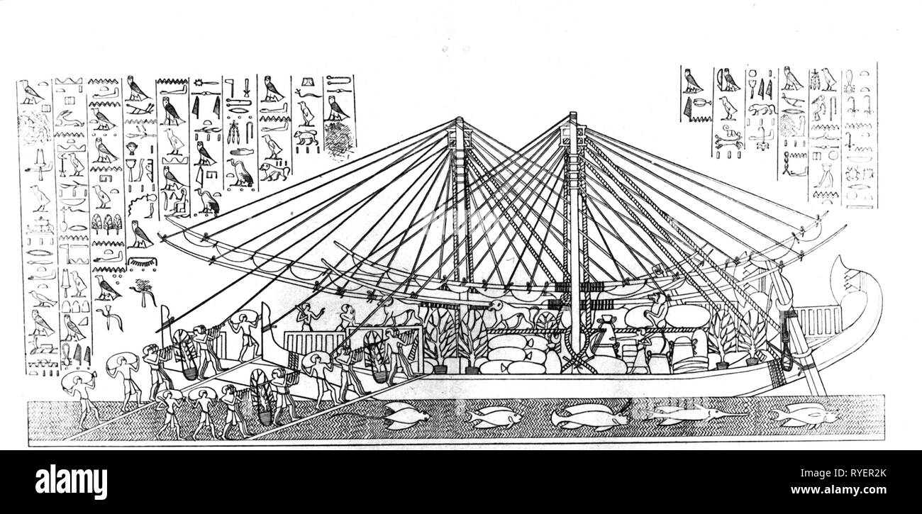 Navigazione, mondo antico Egitto, spedizione al punt, circa 1465 BC, due navi sono caricati, basato sul rilievo, Hatshepsut sul tempio di Deir el-Bahari, incisione su legno, fine del XIX secolo, Additional-Rights-Clearance-Info-Not-Available Foto Stock