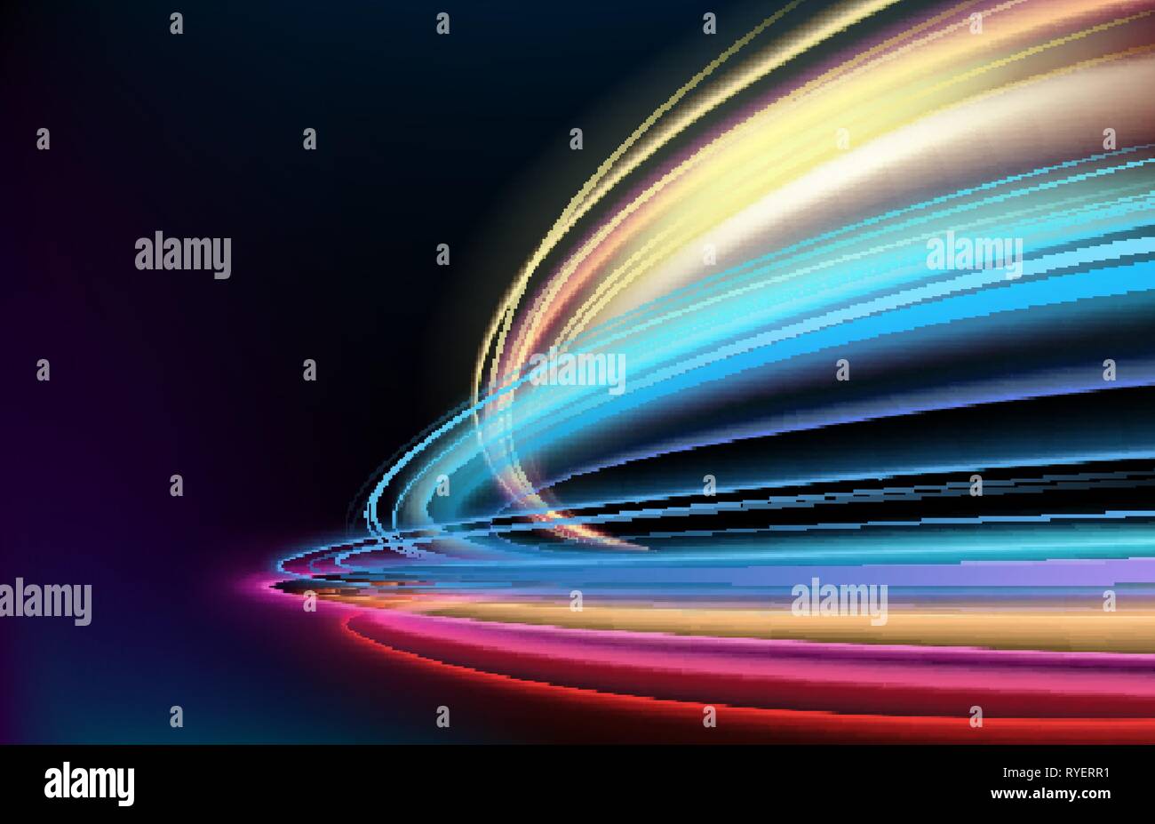 Luce colorata sentieri con motion blur effetto tempo di esposizione lungo isolato su nero Illustrazione Vettoriale