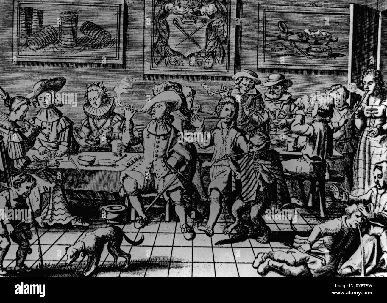 Tabacco, fumatore e bevitore di Amsterdam, incisione su rame, 1628, Additional-Rights-Clearance-Info-Not-Available Foto Stock