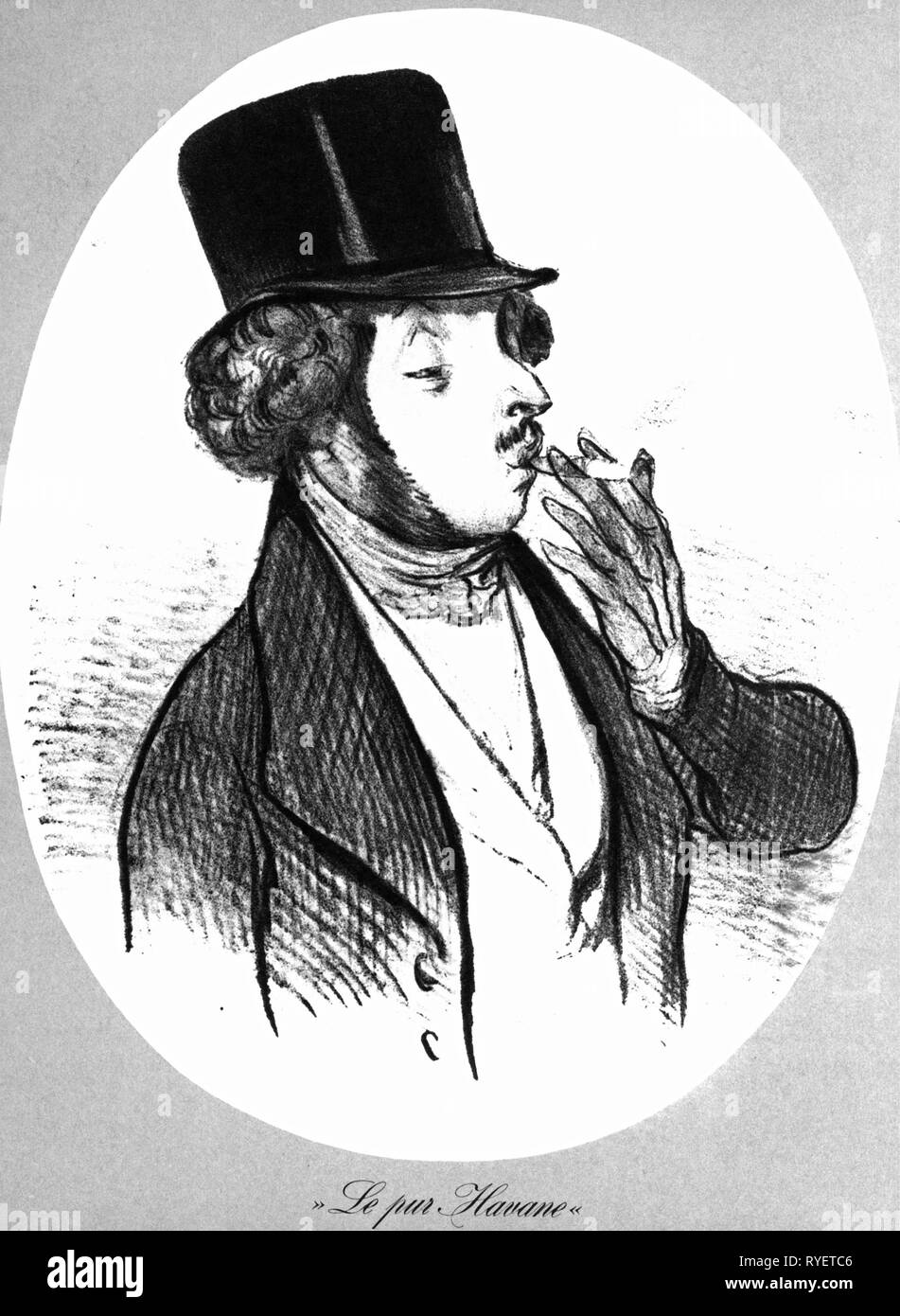 Tabacco, sigaro fumatore, 'Le pur Havane' ('il cubano puro'), litografia da Honore Daumier, clipping, serie Croquis d'espressioni, il numero del foglio 33, 1838 Additional-Rights-Clearance-Info-Not-Available Foto Stock