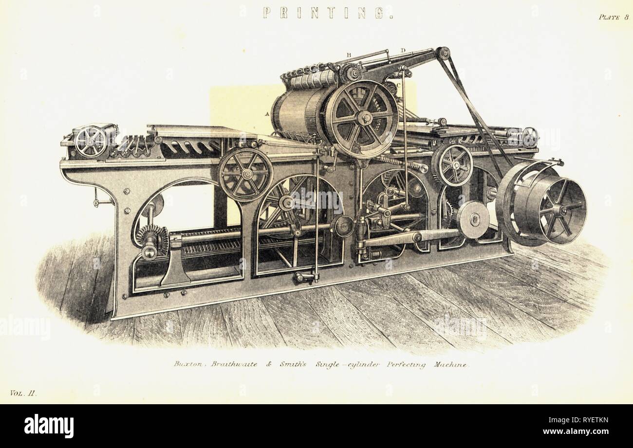 Technics, tipografia, macchinari, a singolo cilindro stampa di Buxton, Braithwaite e Smith, Manchester, Inghilterra, 1885, contemporanea incisione su legno, Additional-Rights-Clearance-Info-Not-Available Foto Stock