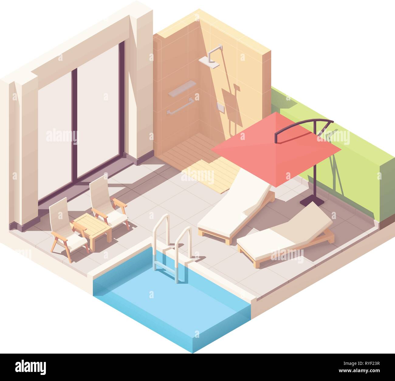 Isometrica del vettore home hotel o resort piscina esterna lounge con ombrellone, doccia e piscina chaise longue Illustrazione Vettoriale