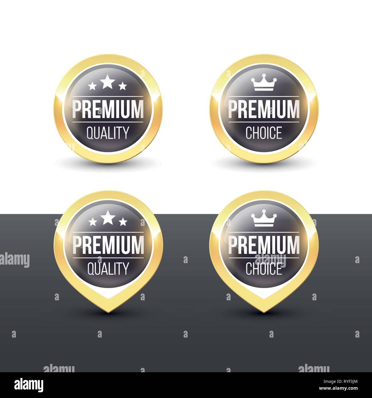 Rotondo nero pulsanti premium e puntatori con oro metallizzato confine. Etichetta del vettore icone isolati su sfondo bianco. Illustrazione Vettoriale