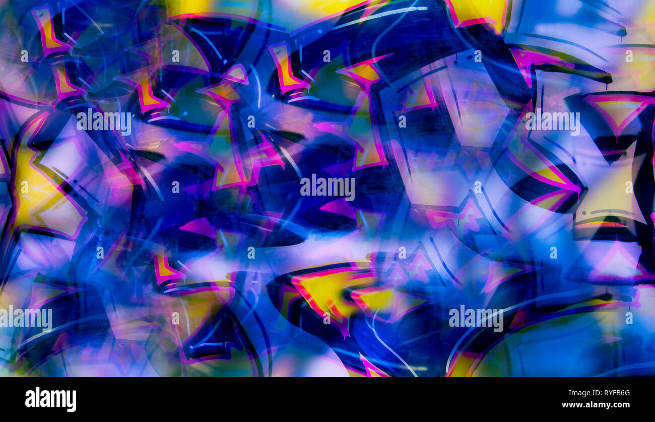 Abstract graffiti imitazione di collage digitali. Creatività artistica dello sfondo. Blu, giallo e rosa forme geometriche. Street Art style. Texture fresca. Foto Stock