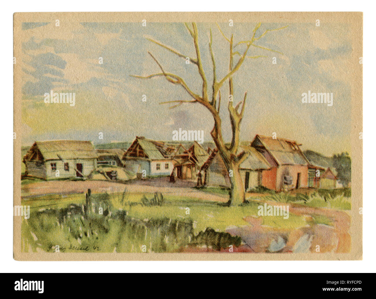 German Historical cartolina: Paesaggio del villaggio sovietico con distrutto capanne in legno con un unico albero secco. La Russia. il territorio occupato dalla reich Foto Stock
