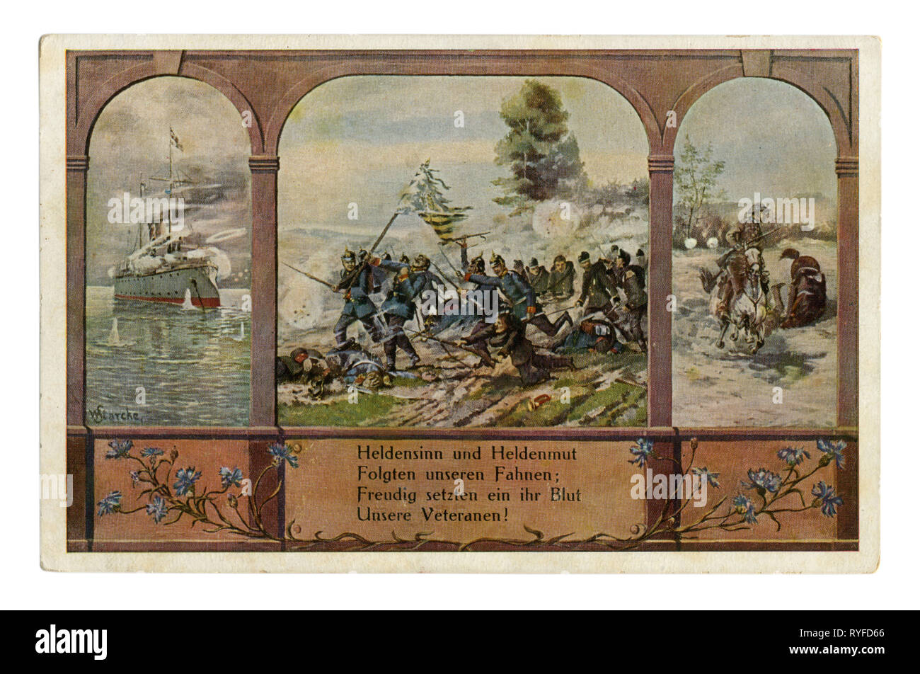 German Historical cartolina: Trittico. Dedicato ai soldati tedeschi-veterani delle guerre in mare e a terra. Nella colonia e in Europa, Germania Foto Stock