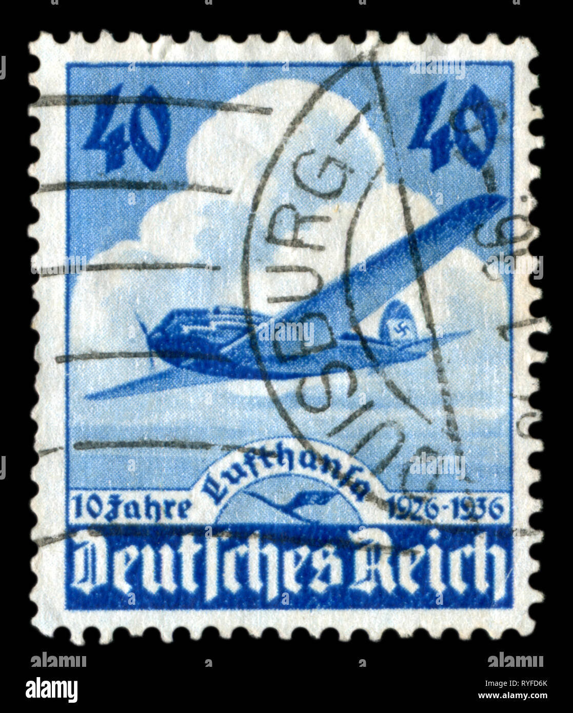 German Historical timbro: decimo anniversario della Lufthansa, Mail e aerei passeggeri Heinkel He 70 Lufthansa, cancellazione, DR, Terzo Reich Foto Stock