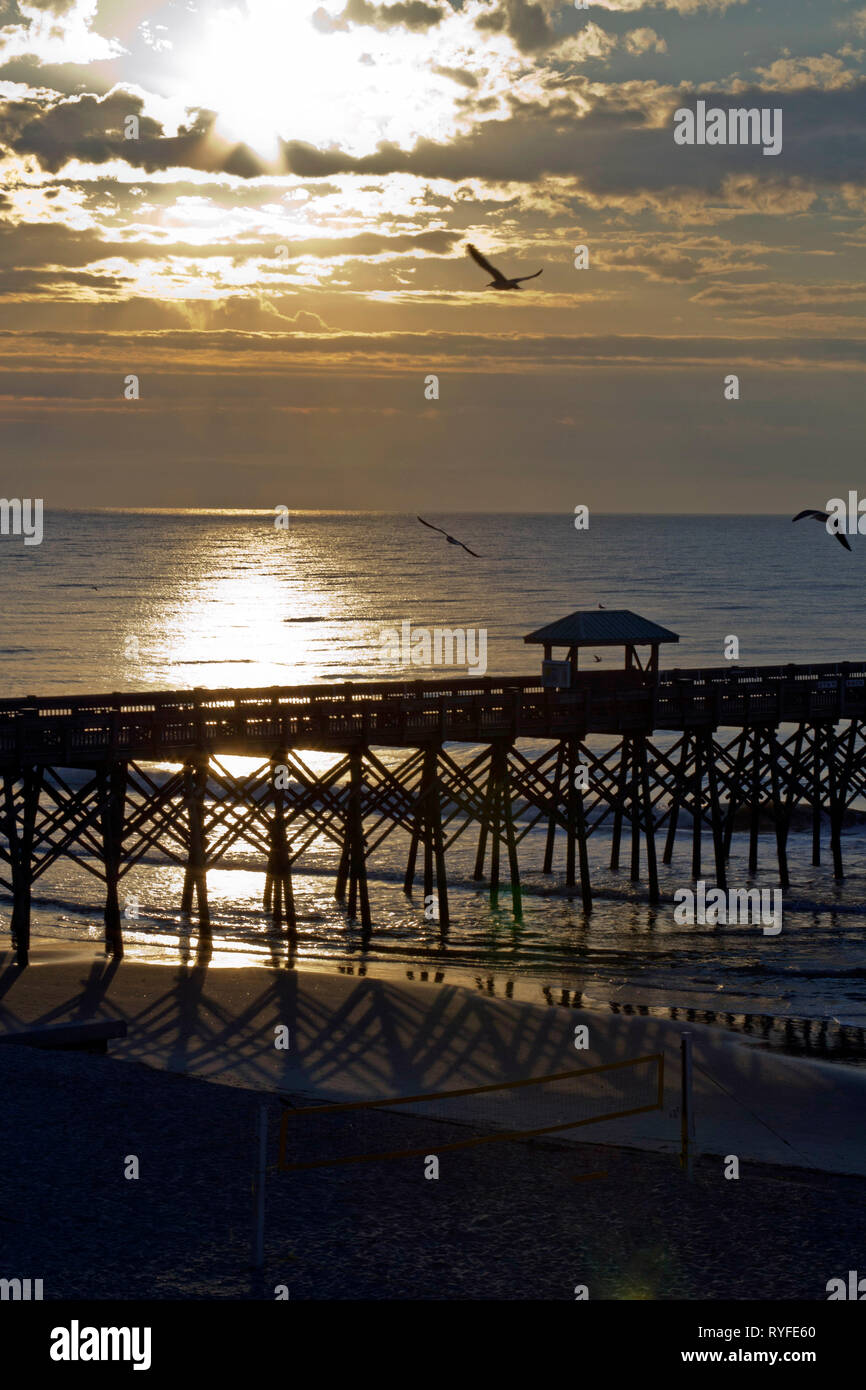 Stagliano pier sulla follia Beach, Carolina del Sud a sunrise come uccelli di mare ruota intorno il cielo Foto Stock