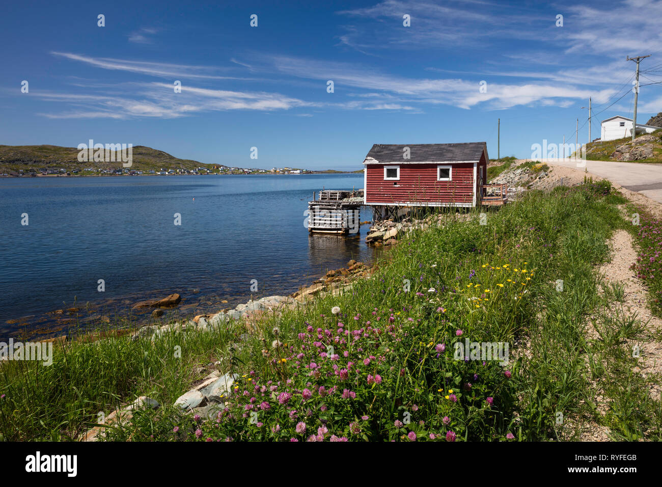 Rosso stadio di pesca, Fogo, isola di Fogo, Terranova, Canada Foto Stock