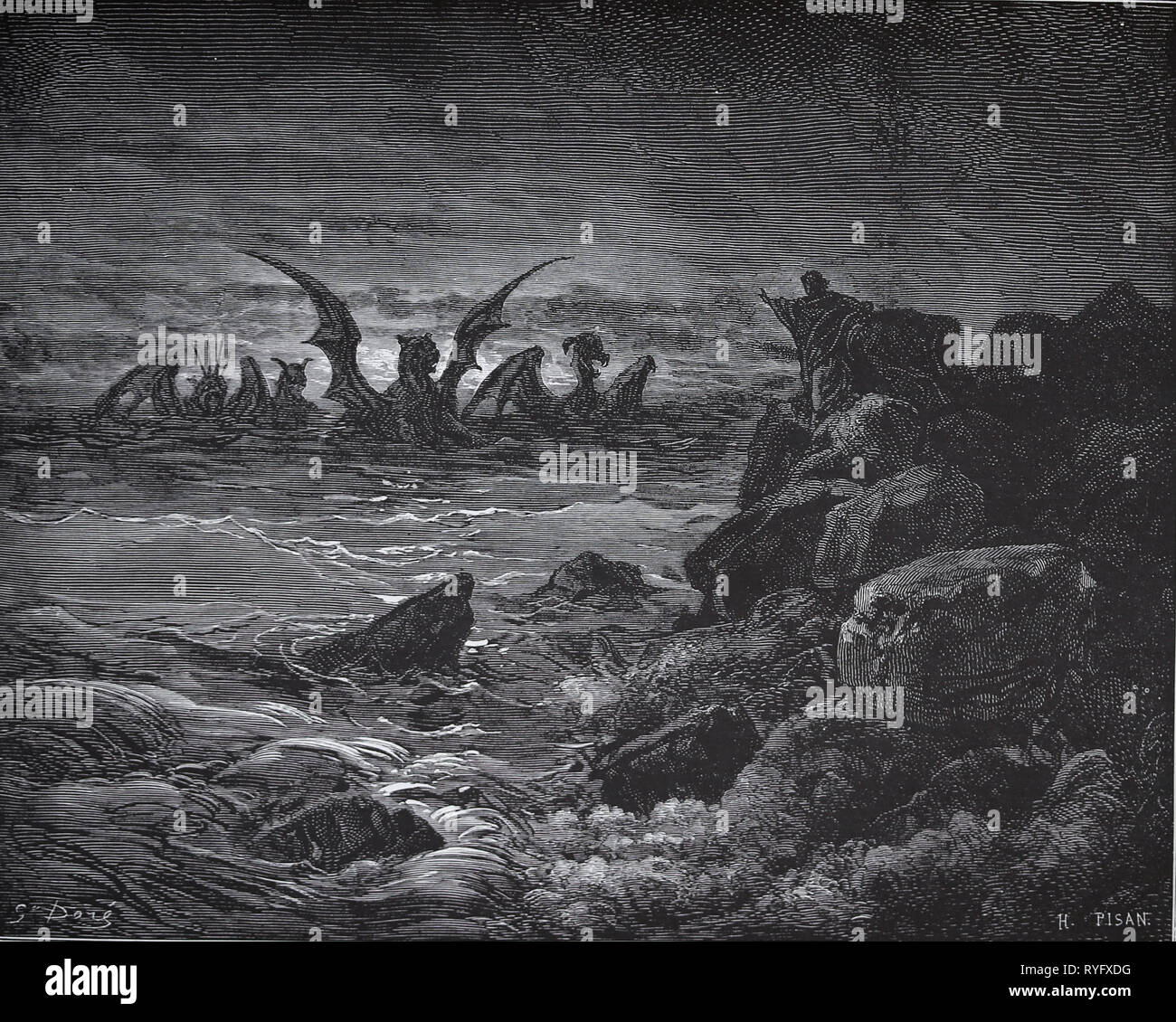 La Bibbia. I Profeti. Libro di Daniele. Daniel's visione delle bestie. Incisione di Gustave Dore, 1866. Foto Stock